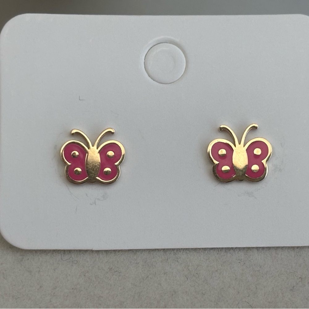 18K Real Gold Pink and Gold Butterfly Earrings